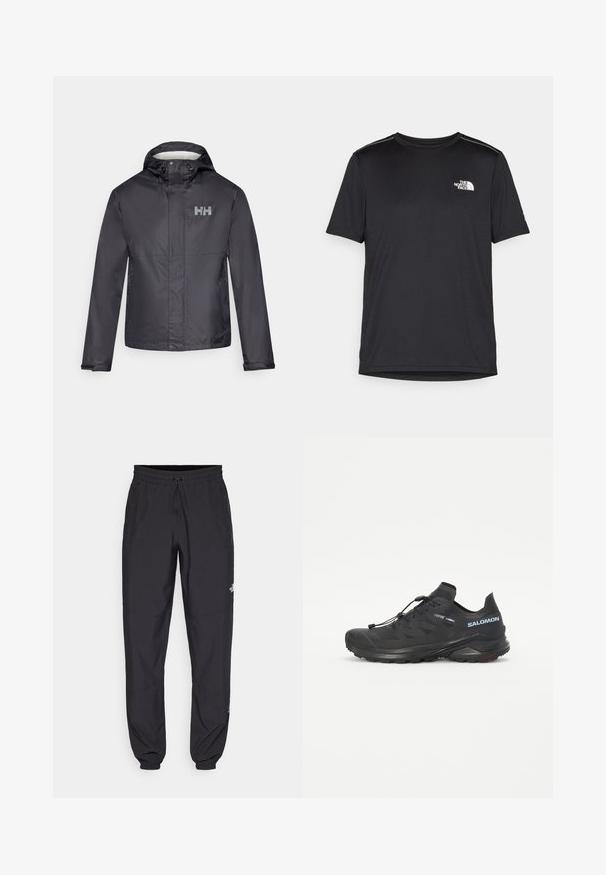 Jachetă neagră impermeabilă cu glugă, cu fermoar în față, manșete elastice și un logo alb pe pieptul stâng. Material neted și ușor.; Tricou negru cu mânecă scurtă, realizat dintr-un material ușor. Prezintă un mic logo alb pe pieptul stâng și accente subtile pe umeri.; Pantaloni atletici negri, confecționați dintr-un material ușor, cu un tiv elastic la talie, buzunare laterale și tivuri ajustate la gleznă.; Pantofi de alergare pe teren accidentat, negri, cu un superior texturat, șireturi elastice și talpă Contagrip. Au un fit strâns și un capac de protecție pentru degete.