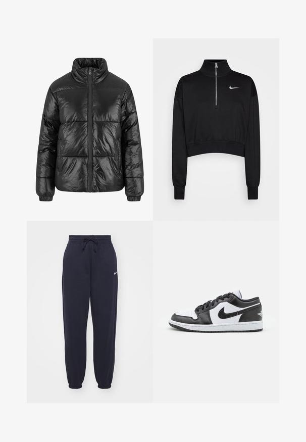 Čierna páperová bunda s vysokým golierom, predným zipsom a elastickými manžetami. Povrch má lesklú textúru s prešitými panelmi.; Čierny skrátený sveter s vysokým golierom, polovičným zipsom, rebrovanými manžetami a malým bielym logom Nike na ľavej hrudi. Mäkká textúra látky.; Nike tepláky v námornej modrej farbe, vyrobené z mäkkého materiálu. Obsahujú elastický pás s šnúrkou a sťahovacie nohavice. Malý biely logotyp ako akcent.; Čierno-biele nízke tenisky Nike majú hladký kožený zvršok, okrúlu špičku, šnurovacie zapínanie a vzorovanú gumovú podrážku.