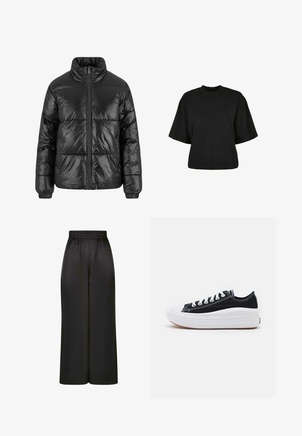 Juodas pūkuotas švarkas su aukštu apykakle, priekiniais užtrauktukais ir elastingomis rankovėmis. Paviršius turi blizgų tekstūros su siūtomis panelėmis.; Juoda trumpa medvilninė palaidinė. Su trumpomis rankovėmis ir apvaliu iškirpimu. Lygus paviršius su paprastu dizainu, be papildomų raštų.; Juodos plačios kelnės, pagamintos iš lygaus, blizgaus audinio, su elastinga juosmens juosta ir be matomų kišenių ar aparatūros detalių.; Juodi drobės sportbačiai su baltais raišteliais, balta guma ant pirštų ir masyvi balta vidurine dalimi. Yra subtilių baltų siūlių ir guminis padas.