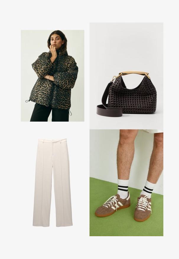 Global Funk NORA-G - Winterjacke - leopard mist; Kaotiko CREW PUPPIES UNISEX - Poloshirt - beige; Weite Hose aus leichtem beigen Stoff mit glatter Textur. Verfügt über einen gefütterten Taillenbund, vordere Falten und keine sichtbaren Taschen.; Braune Wildleder-Sneaker mit weißen Akzenten und Schnürsenkeln. Gummisohle in Kautschuk-Optik. Getragen mit weißen Socken, die schwarze Streifen haben. Grüner strukturierter Fußboden.; Elleme BOOMERANG WOVEN - Handtasche - brown