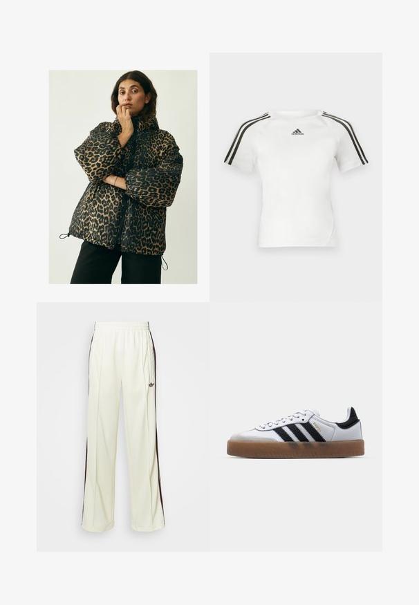 Global Funk NORA-G - Zimska jakna - leopard mist; Bela kratka športna majica z črnimi tridelnimi črtami na ramenskem delu, gladka tekstura in majhen črn adidas logotip na prsih.; Kremne hlače za treniranje s sproščenim krojem, ki imajo temno rjave stranske črte in vezeno logo na levem stegnu.; Bele usnjene športne copate z črnimi linijami, gumijastim podplatom, okroglo konico, zapiranjem s vezalkami in mehko sivo zamšasto konico.