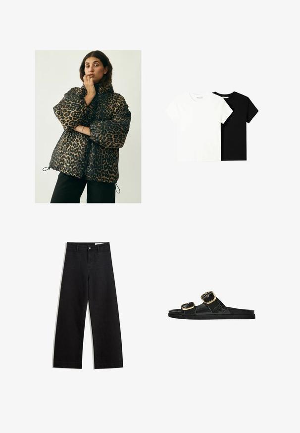 Global Funk NORA-G - Vinterjakker - leopard mist; To korte ærmel t-shirts, en hvid og en sort, lavet af bomuld. Begge har en rund halsudskæring og et enkelt, klassisk design.; Sorte wide-leg denim bukser med høj talje, der har front- og baglommer, syede sømme og en knaplukning. Glat tekstur.; Sort skridsandal med to guldspænder, glat tekstureret materiale, flad sål og et minimalistisk design.