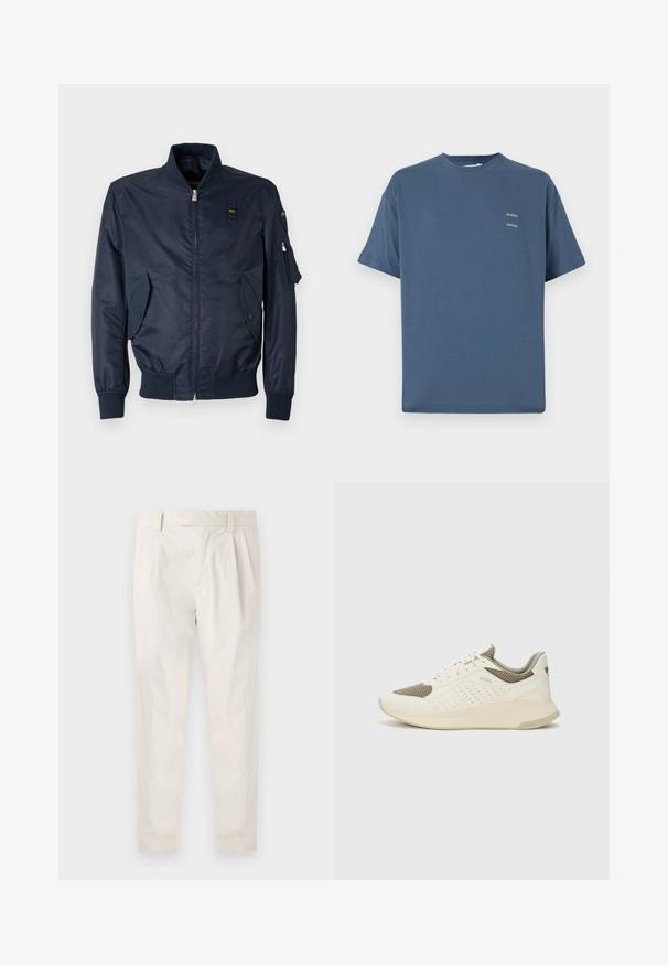 Navy bomber jacket with a zip closure, ribbed cuffs, two angled front pockets, and a utility pocket on the left sleeve. Smooth textile finish.; Blue cotton t-shirt with a classic crew neck, short sleeves, relaxed fit, and two small printed logos on the chest. Smooth texture.; White, pleated trousers with a tailored fit, featuring a smooth texture, belt loops, and tapered legs. No visible pockets or patterns.; White and light beige athletic sneaker, featuring a mesh upper, perforated detailing, and a textured midsole with branding on the heel.