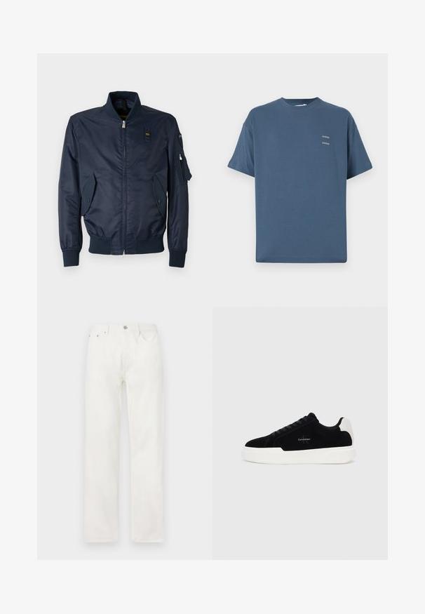 Granatowa kurtka bombowca z zamkiem błyskawicznym, ściągaczami na rękawach, dwoma skośnymi przednimi kieszeniami oraz kieszenią użytkową na lewym rękawie. Gładkie wykończenie tekstylne.; Niebieska bawełniana koszulka z klasycznym okrągłym dekoltem, krótki rękaw, luźny krój i dwa małe nadrukowane logo na piersiach. Gładka tekstura.; Białe dżinsy z prostymi nogawkami, zapinane na guzik i zamek błyskawiczny, pięciokieszeniowy design, bez widocznych wzorów i akcentów.; Czarne niskie sneakersy z białą podeszwą i uchwytem na pięcie, sznurowane z przodu, z logo Calvin Klein po boku.