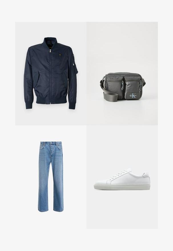 Marine bomberjack met ritsluiting, ribgebreide manchetten, twee schuine voorzakken en een utilityzak op de linker mouw. Glad textile afwerking.; Langsleeve, shirt met hoge kraag van lichtroom katoen. Gladde textuur, relaxed fit, minimalistisch ontwerp, geen zichtbare patronen of accenten.; Lichtblauwe denim jeans met een straight-leg ontwerp, vijf zakken, knoopsluiting, minimale vervaging en contrasterende stikseldetails.; Witte sneaker met een gladlederen bovenwerk en een laag profiel. Voorzien van een ronde neus, zes vetergaatjes en een gestructureerde rubberen zool.; Grijze nylon schoudertas met twee ritsvakjes aan de voorkant, een verstelbare strap en een logo-accent. Soepele textuur met een modern ontwerp.