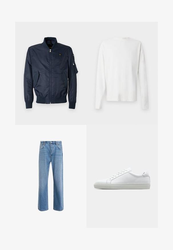 Giacca bomber navy con chiusura a zip, polsini a coste, due tasche anteriori inclinate e una tasca utility sulla manica sinistra. Finitura in tessuto morbido.; Camicia bianca in cotone a maniche lunghe con scollatura rotonda, spacchi laterali in fondo e una texture liscia, mostrata da dietro.; Jeans in denim blu chiaro con design a gamba dritta, cinque tasche, chiusura con bottone, leggero sbiadimento e dettagli di cucitura a contrasto.; Sneaker bianco con tomaia in pelle liscia e profilo basso. Presenta una punta arrotondata, sei occhielli e una suola in gomma testurizzata.