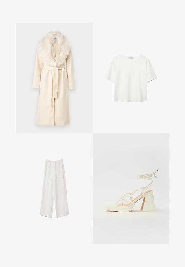 VILA VIMETIL LONG COAT - Klasický kabát - birch; Biela krátkopsová tričko vyrobené z bavlny. Má okrúhly výstrih a voľný strih. Hladká textúra bez viditeľných vzorov alebo akcentov.; Biele široké nohavice vyrobené z ľahkej tkaniny. Obsahujú elastický pás so sťahovacou šnúrkou a bočné vrecká. Hladká textúra.; Biele sandále na vysokom opätku s hrubým podpätkom, s pruhovaným dizajnom a viazaním na členku. Hladký povrch s platformou vpredu pre zvýšenú výšku.