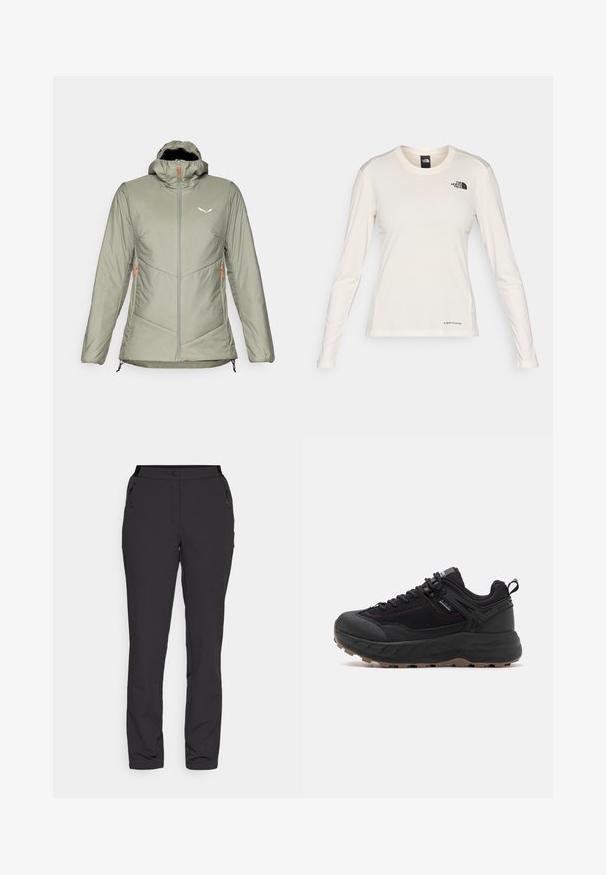Salewa PUEZ CATINACCIO JACKET - Ulkoilutakki - shadow; The North Face SHADOW LONG SLEEVE - Pitkähihainen paita - white dune; Musta ulkoiluhousut, jotka on valmistettu kevyestä kankaasta, sisältävät suorat lahkeet, vetoketjulliset sivutaskut ja säädettävän vyötärön.; Mustat urheilujalkineet, joissa on teksturoitu nahka- ja kangasosa, kuviollinen pohja, vahvistettu varvasosa ja säädettävä nauhoitusjärjestelmä.