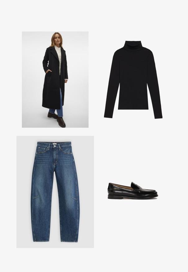 Vero Moda VMFORTUNEAYA LONG COAT - Klassikaline mantel - black; Mustavööne, pika varrukaga kõrge kaelusega T-särk, mis on valmistatud ribakanga materjalist, omab sobivat disaini ja ei sisalda mustreid ega aksessuaare.; Tumedat sinised teksad sirge jala disainiga, millel on esikotid, kontrastõmblused ja jalgadel peenelt pleekinud tekstuur.; Must siin mustad nahast loaferid ümarate varvastega, libisemisega mudel ja peened õmblused peal. Lame kummist tall.