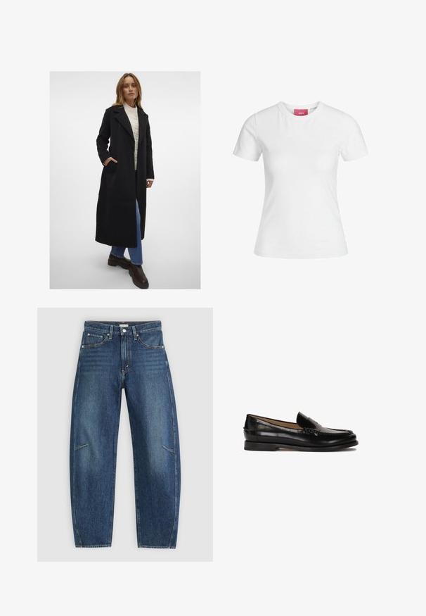 Vero Moda VMFORTUNEAYA LONG COAT - Klasičan kaput - black; Bijela pamučna majica s kratkim rukavima i okruglim izrezom. Ima ružičastu oznaku na unutarnjoj strani ovratnika. Glatka tekstura.; Tamno plavi traperice sa ravnim nogavicama, koje imaju prednje džepove, kontrastnu šav i suptilnu izblijedjelu teksturu na nogavicama.; Crne kožne mokasine s okruglim vrhom, dizajnom za jednostavno oblačenje i suptilnim šavovima duž gornjeg dijela. Ravni gumeni đon.