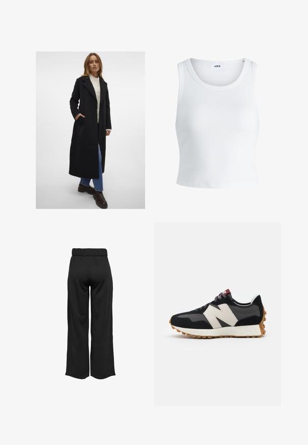Vero Moda VMFORTUNEAYA LONG COAT - Klassisk kåpe / frakk - black; Hvit ribbestrikket tank topp med rund hals, uten ermer og croppe lengde. Merket leser "JJXX." Glatt stoff tekstur.; Svarte, vide bukser med elastisk midje, laget av glatt stoff. Har et rent design uten lommer eller synlige sømmer.; Sorte og grå sued sneakers med et stort cremefarvet "N" logo, lilla snørebånd og en tekstureret gummisål.