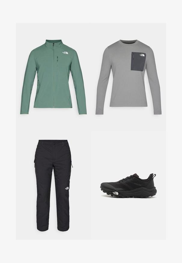 Žalia minkšta striukė su aukštu apykakle, pilnu priekyje esančiu užtrauktuku ir dviem užtrauktukais uždaromomis šoninėmis kišenėmis. Logotipas viršutiniame kairiajame krūtinės kampe. Lygus paviršius.; Ilgų rankovių pilkas marškinis su tekstūruota medžiaga, kuris turi tamsiai pilką krūtinės kišenę ir užtrauktuką. Kišenėje baltas logotipas.; The North Face WINTER EXPLORATION TAPERED CARGO  - Lauko kelnės - black; Juoda bėgimo batai su tekstūruotu paviršiumi, guma padais ir sustiprinta pirštų dalimi. Yra paminkštinta apykaklė ir kilpos, leidžiančios lengvai užsidėti.