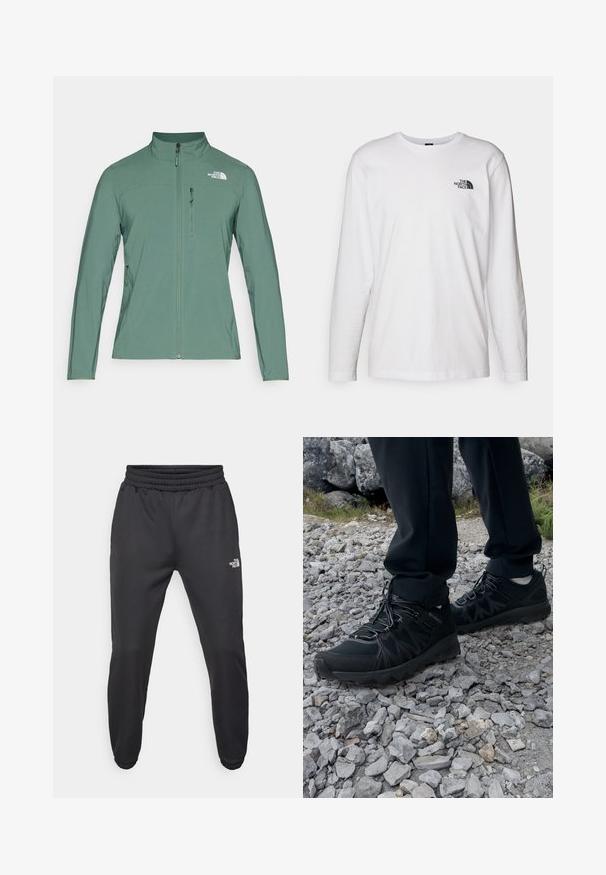 Chaqueta softshell verde con cuello alto, cremallera frontal completa y dos bolsillos laterales con cremallera. Logotipo en la parte superior izquierda del pecho. Textura suave.; Camiseta de manga larga blanca de algodón con cuello redondo. Presenta un pequeño logotipo negro en el pecho. Textura suave, corte regular.; Pantalones deportivos negros con cintura ajustable mediante cordón, corte tapered, puños elásticos y un pequeño logo blanco en el muslo izquierdo, fabricados en tejido suave.; Zapatos exteriores negros con malla y material sintético, que presentan un upper texturizado, un sistema de cordones seguro y una suela robusta, sobre terreno rocoso.