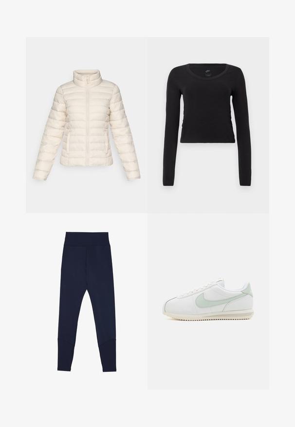 Puff jacket in soft beige, featuring horizontal quilted segments, a high collar, and a front zipper. Includes side pockets.; Long-sleeve, cropped t-shirt in solid black cotton. Features a round neckline and slight side gathering detail for a fitted look.; Navy blue leggings made of stretchy fabric, featuring a wide elastic waistband, contrast stitching, and tapered fit at the ankles.; White leather shoes with light green accents. Rounded toe, lace-up design, and textured outsole with a zigzag pattern. Minimalist style.
