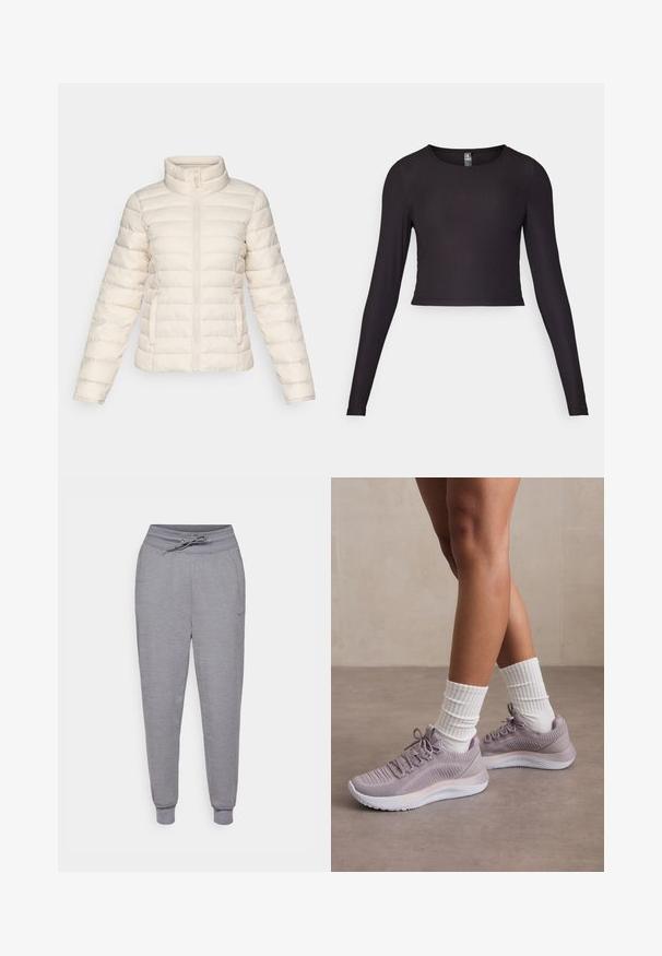 Pufová bunda v jemnej béžovej farbe, s vodorovnými prešívanými segmentmi, vysokým golierom a predným zipsom. Obsahuje bočné vrecká.; Čierny dlhý rukáv, skrátený top vyrobený z rebrovanej látky. Má okrúhly výstrih a priliehavý strih s textúrovaným povrchom.; Sivé tapered tepláky s nastaviteľným pásom, elastickými manžetami a decentným logom Nike na ľavom stehne. Mäkčená, textúrovaná tkanina.; Svetlofialové športové topánky s textúrovaným pleteným zvrškom, doplnené bielou medzičlánkom a zodpovedajúcimi bielymi rebrovanými ponožkami.