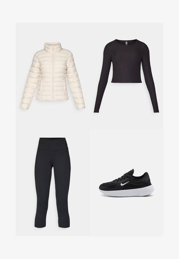 Puff jacket in soft beige, featuring horizontal quilted segments, a high collar, and a front zipper. Includes side pockets.; Black long-sleeve cropped top made of ribbed fabric. Features a round neckline and fitted silhouette with textured surface.; Black cropped leggings made of stretchy fabric, featuring a high waistband and smooth texture, with no visible patterns or hardware.; Black athletic shoe with a mesh upper, textured design, round toe, white rubber sole, and a Nike logo on the side.