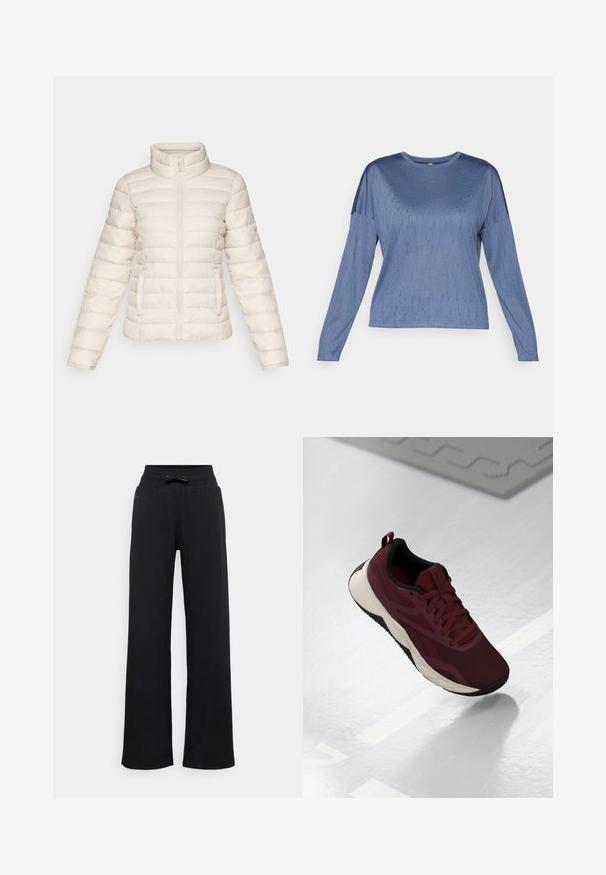 Puf jaka u mekom bež tonu, s horizontalnim kvadrantima, visokim kragnom i prednjim zatvaračem. Uključuje bočne džepove.; Plavi dugih rukava s glatkom teksturom, okruglim izrezom i blago spuštenim ramenima. Suptilan uzorak dodaje vizualni interes.; Crne trenirke širokog kroja, elastičan pojas i detalj s mašnom. Glatka tekstura bez vidljivih uzoraka ili metalnih dijelova.; Bordo atletska cipela s mrežastim gornjim dijelom, crnim akcentima i podloženim bijelim potplatom. Ima sustav vezanja i pomoćnu petlju na peti.