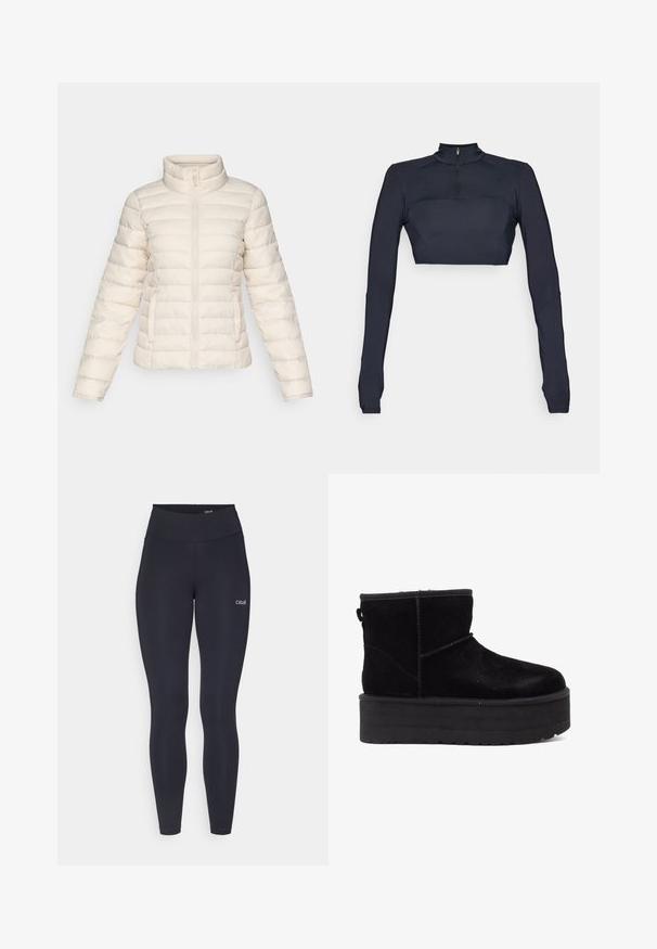 Puff jacket in soft beige, featuring horizontal quilted segments, a high collar, and a front zipper. Includes side pockets.; Navy blue long-sleeve crop top with a mock neck and quarter zip, featuring textured shoulder panels and a fitted silhouette.; Black leggings with a high waistband, made from stretchy fabric, featuring a small white logo on the thigh and smooth texture.; Black suede ankle boots with a thick platform sole and soft lining. Finished with stitching accents and a rear pull tab for easy wear.