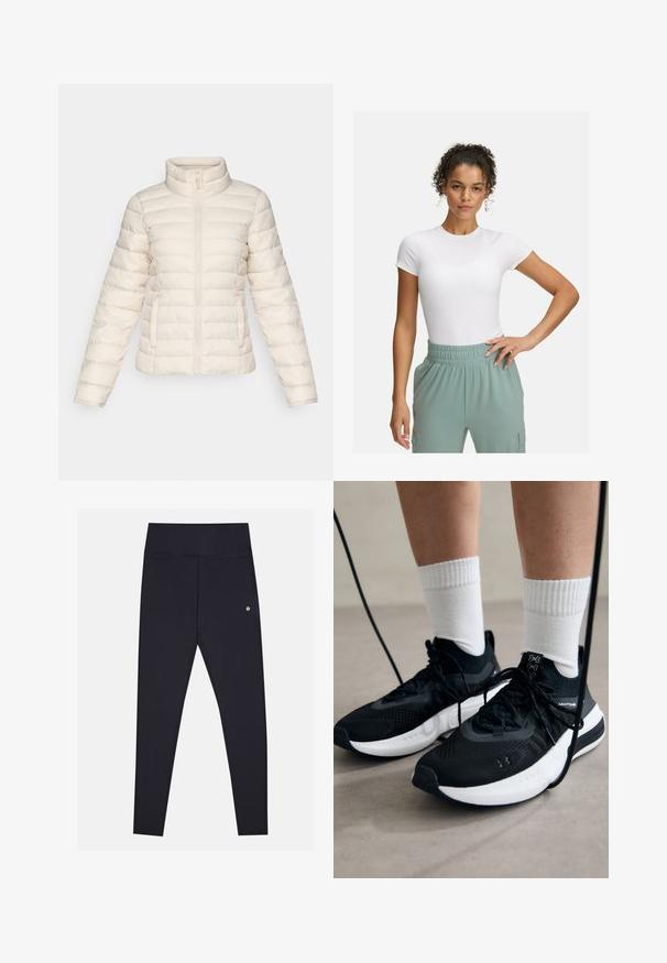 Puff-Jacke in sanftem Beige, mit horizontalen, gesteppten Segmenten, hohem Kragen und einem Frontreißverschluss. Enthält seitliche Taschen.; Weißes, körpernahes T-Shirt mit kurzen Ärmeln, kombiniert mit hellgrünen Hosen mit elastischem Bund. Glatte Textur, minimalistisches Design und keine sichtbaren Muster.; Schwarze Leggings aus weichem, dehnbaren Stoff mit hohem Bund, versehen mit dezenten Nähten und einem kleinen Logo an der Seite.; Schwarze Sportschuhe aus strukturiertem Stoff, mit weißer Sohle und schwarzen Schnürsenkeln. Tragen mit weißen gerippten Socken, stehen auf einer hellen Fläche.