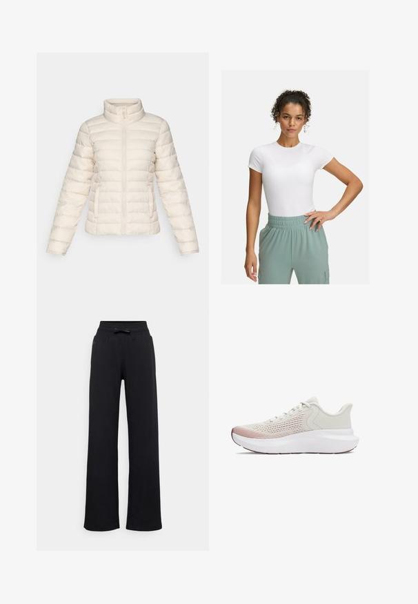 Chaqueta acolchada en suave beige, con segmentos acolchados horizontales, un collar alto y una cremallera frontal. Cuenta con bolsillos laterales.; Camiseta blanca ajustada de manga corta, combinada con pantalones de cintura elástica de color verde claro. Textura suave, diseño minimalista y sin patrones visibles.; Pantalones de chándal negros con un diseño de pierna ancha, cinturilla elástica y un detalle de lazo. Textura lisa sin patrones o herrajes visibles.; Zapatillas deportivas ligeras con una parte superior de malla blanca transpirable, acentos en degradado de color rosa y una suela blanca gruesa con detalles texturizados.