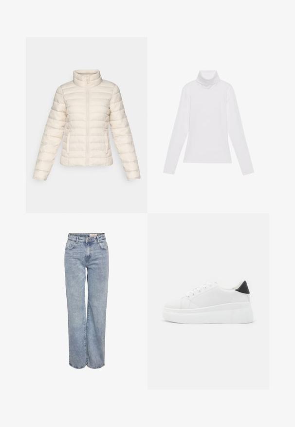 Pufová bunda ve světle béžové barvě, s horizontálně prošívanými segmenty, vysokým límcem a předním zipem. Obsahuje boční kapsy.; Bílý dlouhý rukáv rolák vyrobený z hladkého, elastického materiálu. Má vysoký límec a přiléhavý střih, bez viditelných vzorů nebo ozdob.; Světle modré široké džíny vyrobené z denimové tkaniny, s vysokým pasem, designem se šesti kapsami a jemným zesvětlením pro opotřebovaný vzhled.; Bílé platformové tenisky vyrobené z hladkého syntetického materiálu, s kulatou špičkou, šněrováním a texturovanou gumovou podrážkou. Černý akcent na patě.