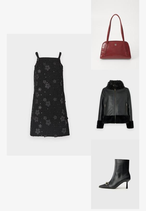 Black leather jacket with a faux fur collar and cuffs, featuring a zip closure and two front zip pockets. Smooth surface texture.; Black sleeveless dress with square neckline, textured fabric, adorned with black flower appliqués and sequins throughout the design.; Black leather ankle boot with pointed toe, slim mid-height heel, and silver buckle detail on side against plain background.; Red quilted handbag made of glossy material, featuring two long handles and a silver logo accent. Diagonal stitching creates texture.