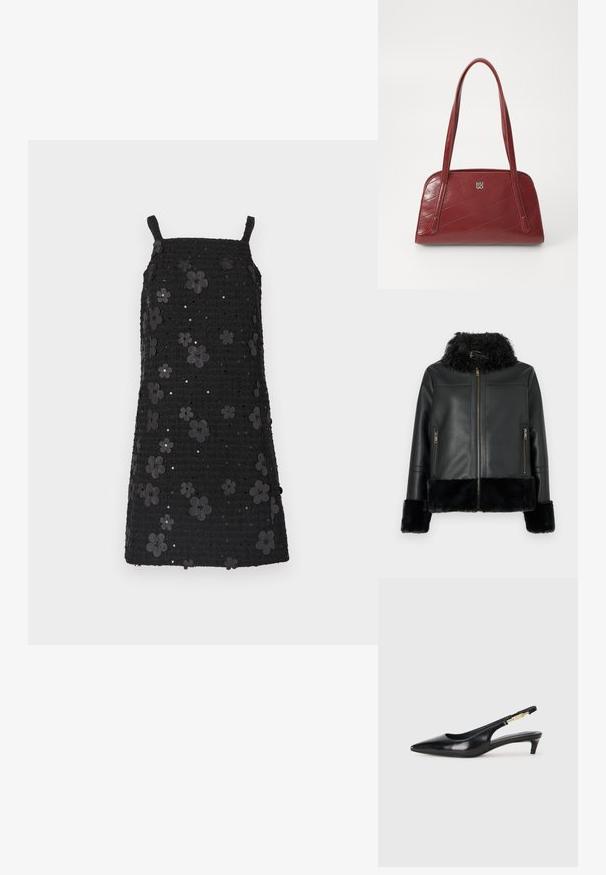 Musta nahkatakki, jossa on tekoturkiskaulus ja -hihansuut, vetoketjullinen suljin ja kaksi etutaskua, joissa myös vetoketjut. Pintamateriaali on sileä.; Mustasävyinen hihaton mekko, jossa on neliskulmainen pääntie, teksturoidusta kankaasta, koristeltu mustilla kukka-applikaatioilla ja paljeteilla koko mallissa.; Mustat nahkaiset slingback-korkokengät, joissa on terävä kärki, ohuet korot ja kultasävytteinen yksityiskohta säädettävässä hihnassa. Silkkinen pinta.; Punainen päällystetty käsilaukku kiiltävästä materiaalista, jossa on kaksi pitkää kahvaa ja hopeinen logotehoste. Vinosti ommeltu sauma luo tekstuuria.