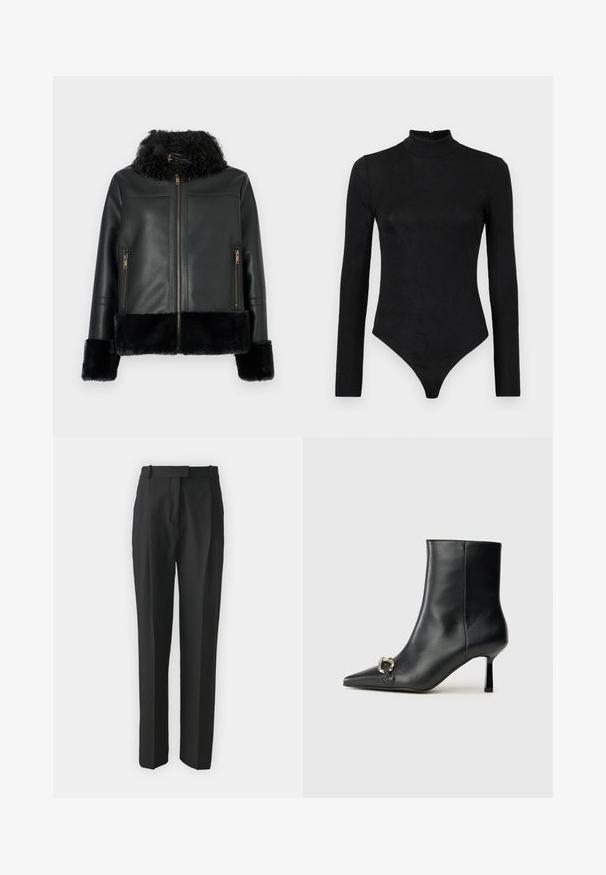 Casaco de couro preto com gola e punhos em pêlo sintético, com fecho de correr e dois bolsos frontais com fecho de correr. Textura de superfície lisa.; Body preto de manga longa com gola alta e textura subtil. Apresenta um fecho nas costas e um design de fundo tipo fio dental.; Calças pretas de corte ajustado, feitas de um tecido leve, com corte reto, frente lisa e passantes para cinto. Textura suave sem padrões visíveis.; Bota preta de couro até ao tornozelo com bico apontado, salto slim de altura média e detalhe em fivela prateada de lado, contra um fundo simples.