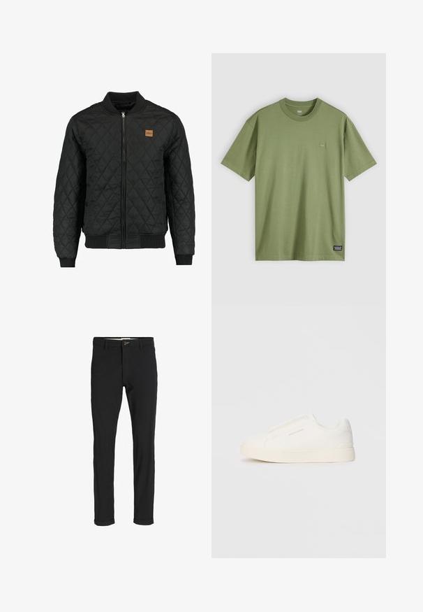 Svart quiltet bomberjakke med glidelås, ribbestrikkede mansjetter og hem, samt et lite brunt logo-patch på brystet.; Oliven grønn bomulls t-skjorte med rund hals og korte ermer. Har en liten, diskret logo-patch på brystet og et vevd merke på kanten.; Svart bomullsblandingsbukser med smal passform, med knappelukking, lommer og rullede mansjetter for en avslappet finish.; Hvite slip-on joggesko med teksturert overflate, tykk såle og minimalistisk design. Har merkevarelogo på siden.