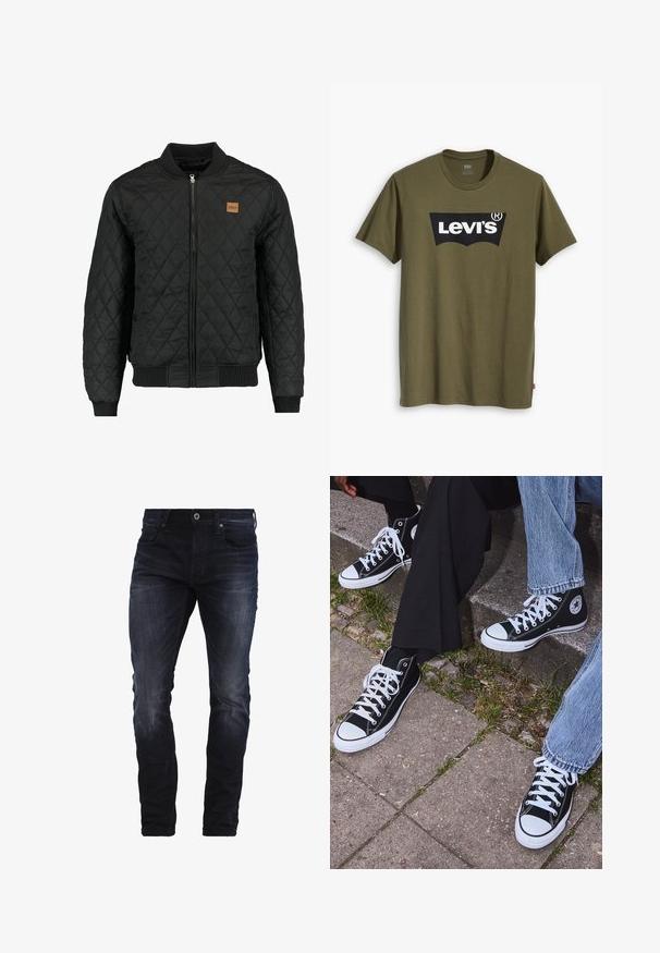 Czarna pikowana kurtka bomberka z zamkiem błyskawicznym, ściągaczami przy rękawach i na dole oraz małą brązową naszywką z logo na piersi.; Bawełniany t-shirt w oliwkowej zieleni z dużym czarnym logo Levi's w kontrastowym, półokrągłym kształcie na piersi. Regularny krój.; Ciemnoniebieskie dżinsy slim fit z lekkim wyblaknięciem na udach i kolanach, z przednimi kieszeniami, paskami na pasek i zapięciem na guzik.; Czarne wysokie trampki z kanwy z białymi gumowymi podeszwami i sznurówkami, z okrągłym logo z boku, w zestawie z dżinsami i czarnymi spodniami.