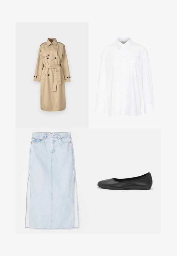 MAX&Co. BRESCIA - Šineļveida mētelis - beige; Baltais garo piedurkņu krekls ar apkakli, izgatavots no kokvilnas. Aprīkots ar pogu aizdari priekšā un vienu krūšu kabatu. Gluda tekstūra, brīvs piegriezums.; Gaiši zilā denima maksi svārki ar taisnu griezumu, ar sānu šķēlēm un piecu kabatu dizainu. Izteikta izšūšana un metāla pogas aizdare.; Melna ādas baleta kurpe ar noapaļotu purngalu, gludu tekstūru, minimālu šuvju detalizāciju un elastīgu zoles dizainu.