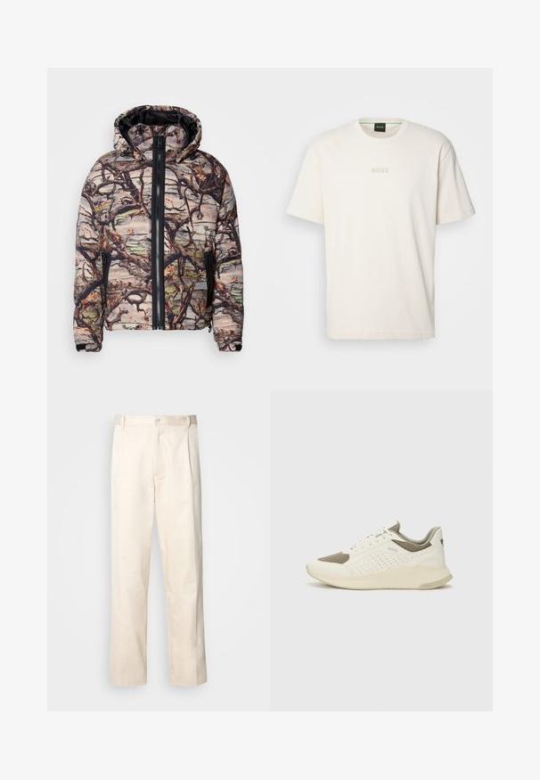 Chaqueta de camuflaje acolchada con un patrón de ramas de árbol, cremallera negra y capucha. El material parece texturizado y cálido, adecuado para uso al aire libre.; BOSS TEE - Camiseta básica - open white; Pantalones de algodón beige con corte recto, que cuentan con un cierre de botón y pliegues en la parte frontal para un detalle adicional.; Zapatilla deportiva en blanco y beige claro, con parte superior de malla, detalles perforados y una mediasuela texturizada con la marca en el talón.