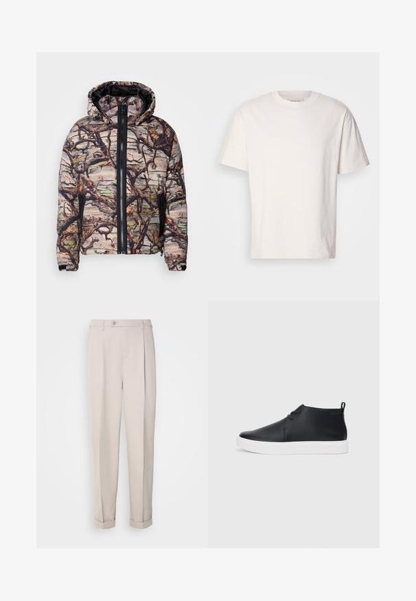 Polstret camo-jakke med tregrenkmønster, sort glidelås og hette. Materialet fremstår strukturert og varmt, egnet for bruk utendørs.; Kremfarget bomulls t-skjorte med rund hals. Korte ermer og avslappet passform. Har en liten logo på halslinningen. Glatt tekstur.; Beige bukser laget av glatt stoff, med rett passform, enkel legg, og oppbrettede mansjetter. Inkluderer en frontlukkeknapp.; Svart skinnhøye sneakers med glatt finish, hvit gummisole og enkelt snøringdesign. Har en løftestropp bak.