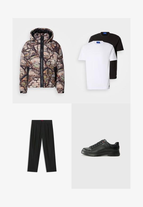 Polstret camouflagejakke med et mønster af grene, sort lynlås og hætte. Materialet ser struktureret og varmt ud, velegnet til udendørs brug.; To T-shirts stablet: en hvid og en sort. Korte ærmer, runde halsudskæringer, stof af bomuld. Har et lille blåt logo ved halsudskæringen.; Sorte bukser med plisseret design, bred benform og en glat tekstur. Har et rødt taljetag.; Sorte lædersneakers med tekstureret overdel, polstret krave og rødt logo-detajle. Har en tyk gummisål med tydeligt mønster.