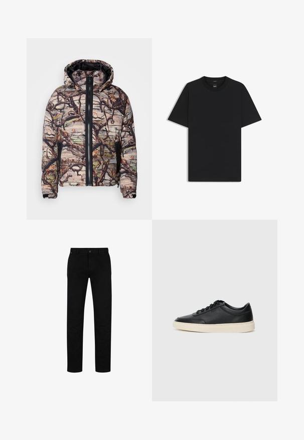 Padded camouflage jacket featuring a tree branch pattern, black zipper, and a hood. Material appears textured and warm, suitable for outdoor wear.; Black short-sleeve T-shirt made from a smooth cotton blend, featuring a crew neckline and a minimalistic design with no patterns or accents.; Black cotton trousers with a straight fit, featuring a button closure, belt loops, and minimalistic design. Smooth texture, no patterns.; Black low-top leather sneaker with black laces and off-white sole shown in side profile on white background.