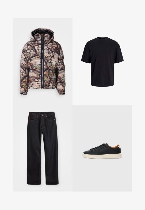Veste de camouflage rembourrée avec un motif de branches d'arbre, fermeture éclair noire et capuche. Le matériau semble texturé et chaud, adapté pour un usage en extérieur.; T-shirt en coton noir avec un col ras du cou, des manches courtes et une coupe décontractée. Texture lisse sans motifs ni accents visibles.; Jean en denim noir pour hommes, coupe droite, avec cinq poches et surpiqûres orange, fermeture par bouton et zip à la taille avant.; Baskets en cuir noir avec une texture lisse, semelle en caoutchouc beige, design à lacets et accent de talon contrasté.
