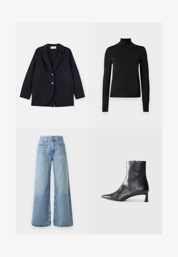 Vanessa Bruno MARC - Klassischer Mantel - marine; Schwarzer Langarmrollkragenpullover mit gerippten Bündchen und Saum, auf einem schlichten weißen Hintergrund präsentiert.; Helle blaue Denim-Hosen mit weitem Bein und hoher Taille, ausgestattet mit vier Taschen, einem Knopfverschluss und dezentem Verblassen des Stoffes.; Schwarze Lederstiefelette mit spitzer Zehe und schlankem Design. Verfügt über einen niedrigen Absatz und einen Reißverschluss hinten. Glatte Textur.