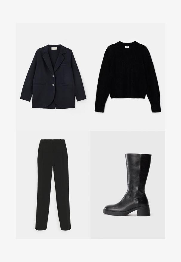 Vanessa Bruno MARC - Klassikaline mantel - marine; Must beebi, mis on tehtud karvase materjali jaoks. Omab ümarat kaelust ja pikki varrukaid, millel on pehme tekstuur. Minimalistlik disain, ilma mustriteta.; Mustad kohandatud püksid otse lõikega, kõrge vöökoha, kortsude ja sileda tekstuuriga.; Mustad musta nahast saabas, mis ulatub pahkluuni, plokknõela ja ümarate näpunäidetega, nähtava õmblusega külgedel ning sileda, poleeritud viimistlusega.