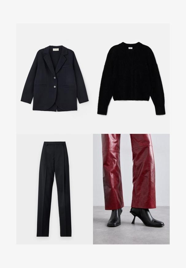 Vanessa Bruno MARC - Klassisk frakke - marine; Sort cropped sweater lavet af blødt materiale. Har en rund halsudskæring og lange ærmer med en blød tekstur. Minimalistisk design, ingen mønstre.; Sorte bukser lavet af glat stof, der har høj talje, brede ben, frontfolder og klassiske bælteløkker. Ingen synlige sidelommer.; Sorte ankelstøvler med højhælede og spidse tæer, i en vinkelret design, parret med højtaljede røde læderbukser med et subtilt mønster.
