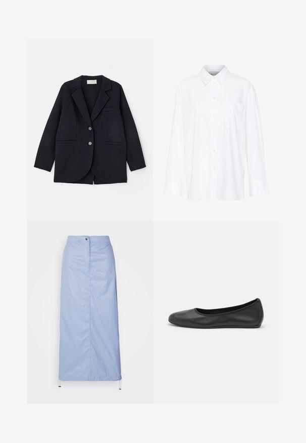 Vanessa Bruno MARC - Klassisk frakke - marine; Hvid langærmet skjorte med krave lavet af bomuld. Har en knaplukning fortil og en enkelt brystlomme. Glat tekstur, afslappet pasform.; Lyseblå, mellemlang nederdel lavet af glat, let materiale med lige snit, har en frontknaplukning og en justerbar kant.; Sort læderballetsko med rund tå, glat tekstur, minimal syning og et fleksibelt såldesign.