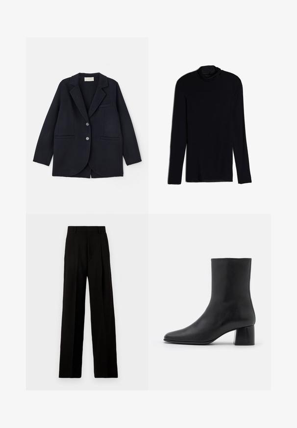 Vanessa Bruno MARC - Abrigo clásico - marine; Top negro de manga larga con cuello tipo cowl, hecho de una tela suave y lisa; diseño ajustado con dobladillo recto y sin costuras visibles.; Pantalones de pierna ancha negros, confeccionados en una tela suave, con una cintura alta, pliegues frontales y un diseño limpio y estructurado sin adornos.; Botín negro de cuero hasta el tobillo con punta afilada y un tacón cuadrado y grueso. Textura suave con un diseño sin costuras y un estilo minimalista en las costuras.