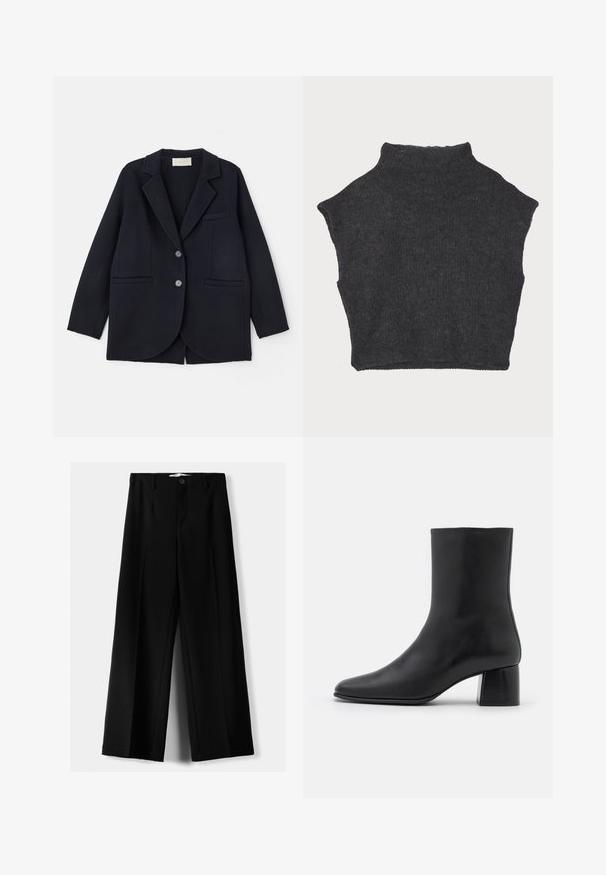 Vanessa Bruno MARC - Cappotto classico - marine; Maglione corto grigio scuro con collo alto, realizzato in materiale a maglia testurizzato e caratterizzato da maniche corte e orlo dritto.; Pantaloni neri a gamba larga realizzati in tessuto leggero, caratterizzati da una chiusura frontale con bottone e frontale piatto, con orli cuciti con precisione.; Stivali ankle in pelle nera con punta affusolata e tacco quadrato grosso. Texture liscia con un design senza cuciture e cuciture minimaliste.