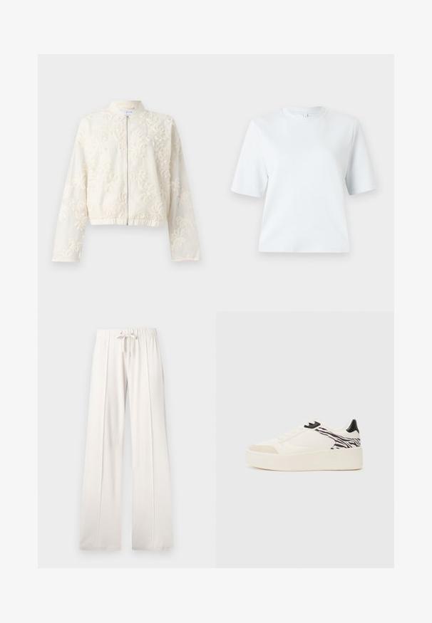 Hímzett fehér bomberdzseki cipzáros elülső résszel, rugalmas dphékkal és hosszú ujjakkal. Virágminták borítják a könnyű anyagot.; Világoskék, rövid ujjú póló, puha pamutból készült. Klasszikus, kerek nyakú és laza szabású, minta vagy díszítés nélkül.; Világos bézs színű, puha anyagból készült melegítőnadrág, állítható derékkal, széles lábakkal és függőleges varratokkal, sima felülettel.; Even&Odd Sportcipő - white/black