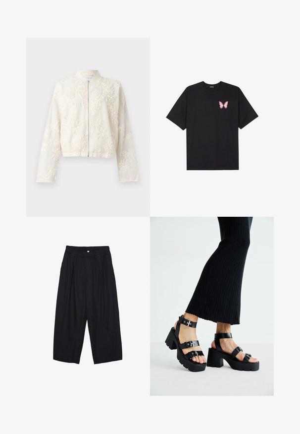 Bomba jakna u bijeloj boji s vezenim uzorkom, zatvaranjem na zip, elastičnom donjom ivicom i dugim rukavima. Cvjetni uzorci prekrivaju lagano platno.; Crna pamučna majica s kratkim rukavima, s malim grafičkim prikazom ružičaste vjetricaste s desne strane na prsima. Dizajn s okruglim izrezom i opuštenim krojem.; Crne poliester hlače culotte s elastičnim pojasom, dva prednja nabora i širokim krojem. Nema vidljivih uzoraka ili metalnih detalja.; Crne platforme sandale s debelim, nazubljenim potplatima i višestrukim trakama, s metalnim kopčama i glatkom teksturom koja podsjeća na kožu.