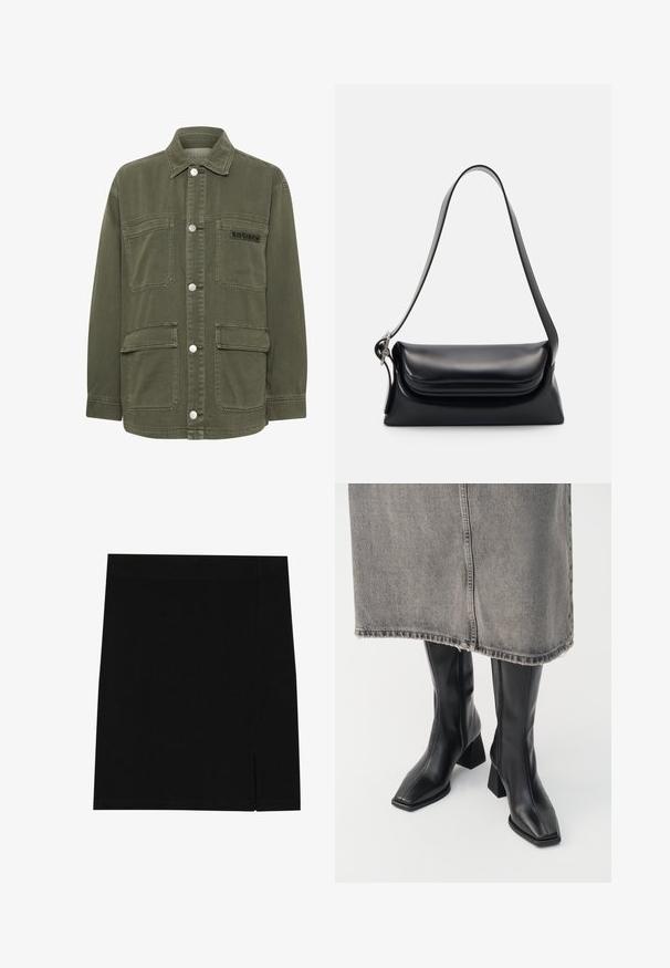 Kaffe SISSE - Lichte jas - grape leaf; Olijfgroene gebreide trui met een ronde hals, lange mouwen en een geribde zoom. Beschikt over een cropped ontwerp met een zachte, gestructureerde afwerking.; Zwarte mini rok gemaakt van zachte stof met een aansluitend ontwerp, met een lichte inkeping aan de zijkant voor extra detail.; Zwarte laarzen tot de knie van soepel leer met een vierkante neus en blokhak. Draag ze met een grijze denim rok met een rafelige zoom.; Zwarte leren handtas met een gestructureerde vorm, een gladde textuur en een enkele schouderband. Heeft een subtiele, afgeronde klepontwerp.