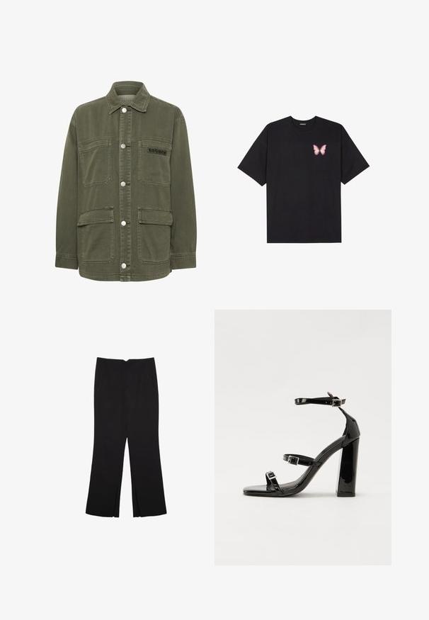 Kaffe SISSE - Lichte jas - grape leaf; Zwarte katoenen t-shirt met korte mouwen, voorzien van een kleine roze vlinder graphic op de linkerkant van de borst. Crew neck ontwerp met een relaxte fit.; Zwarte broek met een rechte pasvorm, voorzien van zijzakken en plooien aan de onderzijde. Gemaakt van zachte, gladde stof. Geschikt voor verschillende gelegenheden.; Zwarte gepatenteerde sandalen met hak en een vierkante neus, enkelbandjes en zilveren gespen. Heeft een stevige blokhak voor stabiliteit.