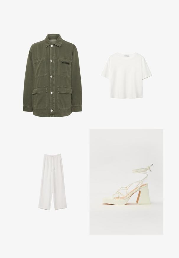Kaffe SISSE - Poletna jakna - grape leaf; Bela kratka majica s kratkimi rokavi iz bombaža. Ima okroglo izrezovanje in sproščen kroj. Gladka tekstura brez vidnih vzorcev ali poudarkov.; Bele široke hlače iz lahkega materiala. Imajo elastičen pas s vrvico in stranske žepe. Gladka tekstura.; Bela sandala na visokih petah s debelim petam, ki ima obliko trakcev in vezanje okoli gležnja. Gladka tekstura z platformo spredaj za dodatno višino.