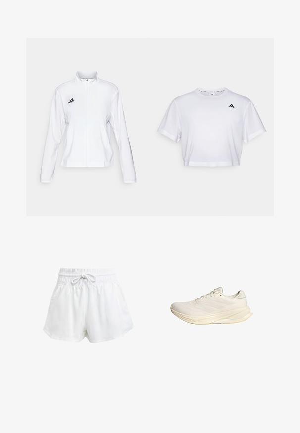 adidas Performance ADIZERO ESSENTIALS - Veste de running - white; T-shirt blanc court en tissu doux, avec des manches courtes et un col rond. Logo noir sur la poitrine gauche.; Shorts de sport blancs avec une taille élastique et un cordon de serrage réglable. Fabriqués en matériau léger, ils sont dotés de poches latérales et d'une coupe ample.; Chaussure de sport beige clair avec une tige en mesh, des lacets plats et une semelle rembourrée. Présente un design à trois bandes sur le côté latéral.