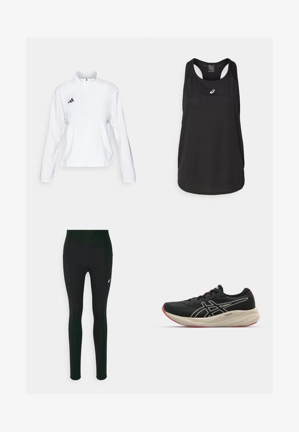 adidas Performance ADIZERO ESSENTIALS - Runningjack - white; Zwarte sportieve tanktop van lichtgewicht stof. Heeft een ronde halslijn, racerback ontwerp en een klein wit logo op de voorkant.; Zwarte leggings met een hoge taille, voorzien van een gladde textuur en zijzakken. Subtiele reflecterende accenten en een logodetail aanwezig.; Zwarte hardloopschoen met een bovenwerk van mesh en witte accenten. Beschikt over een gewatteerde tussenzool en rode details op de buitenzool. Lichtgewicht ontwerp.