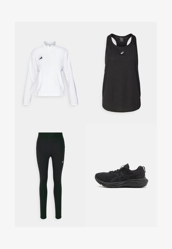 adidas Performance ADIZERO ESSENTIALS - Běžecká bunda - white; Černý sportovní top bez rukávů vyrobený z lehkého materiálu. Má kulatý výstřih, design s průramky a malé bílé logo na přední straně.; Černé legíny s vysokým pasem, mají hladkou texturu a boční kapsy. Jemné reflexní akcenty a detail loga.; Černé sportovní boty s prodyšným síťovaným svrškem, strukturovanou podrážkou, kulatou špičkou a texturovaným povrchem. Obsahují černé šňůrky a detaily se znakem.